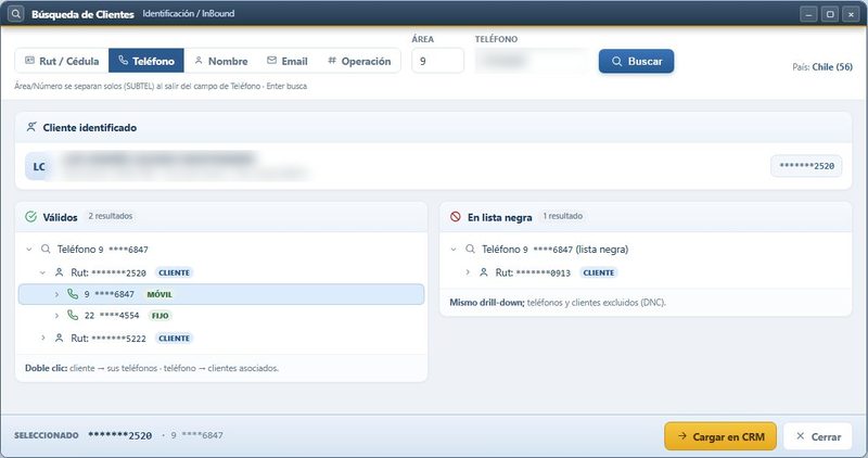 Buscador de clientes: por cédula, teléfono, nombre, correo u operación, con los resultados en lista negra aparte.