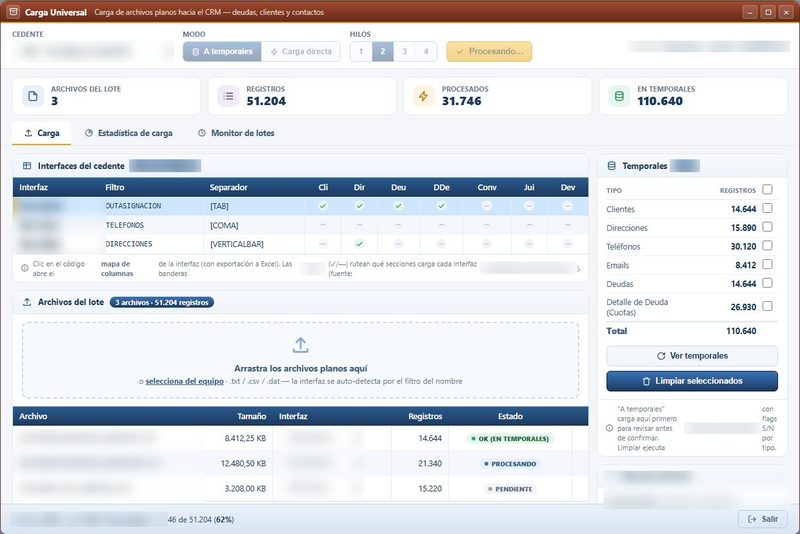 Carga universal: interfaces del cedente, archivos del lote y registros en tablas temporales.