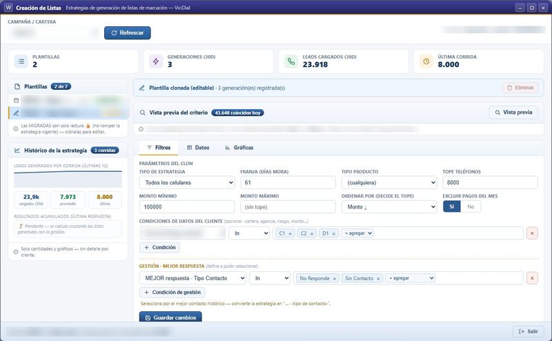 Creación de listas: filtros de estrategia sobre la cartera y vista previa del criterio.