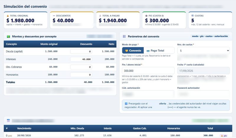 Simulador de convenios: montos y descuentos por concepto, pie, cuotas y fecha de la primera cuota.